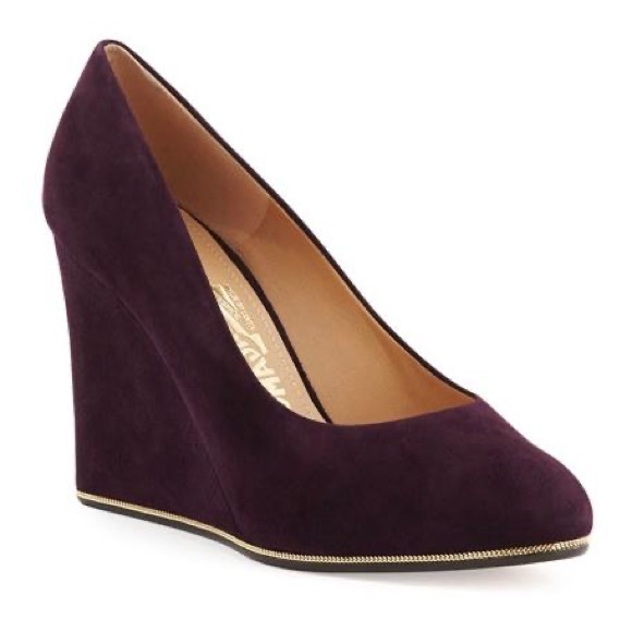 Salvatore Ferragamo Plum Fiamma Suede Wedge Pumps